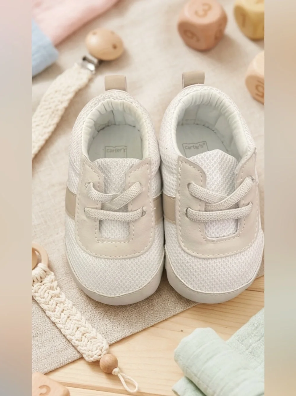 NEW Carter's White & Cream Sneakers with Breathable Mesh Baby softees Size:3-6M